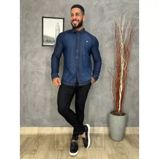 Social Slim Fit Manga Longa Camisa Jeans Masculina - Jeans escura