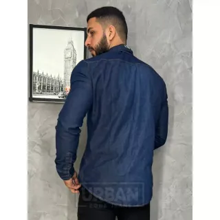 Social Slim Fit Manga Longa Camisa Jeans Masculina - Jeans escura