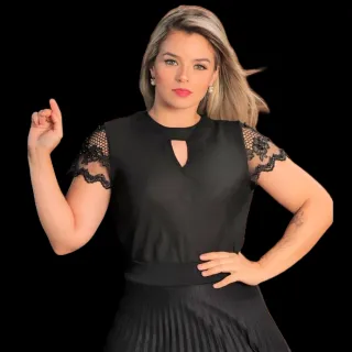 Blusa feminina manga curta bordada com pérolas - moda evangélica - Lilás