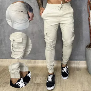 Calça Jogger Masculina Slim Sarja Cargo com Cordão e Bolsos