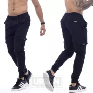 Calça Jogger Masculina Slim Sarja Cargo com Cordão e Bolsos - Creme Escuro