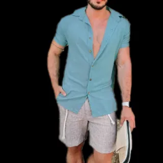 Havaiana Azul Camisa Masculina Manga Curta Lisa - Azul