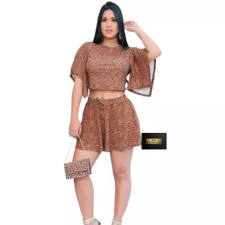 Moda Feminina: Kit 2 Shorts Godê Onça/Animal Print ou Preto - 1 onça 1 bege