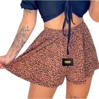 Moda Feminina: Kit 2 Shorts Godê Onça/Animal Print ou Preto - 1 onça 1 bege