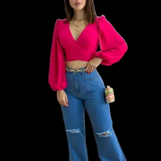 Blusa Elegante Manga Comprida Bufante Amarração Multiformas - Verde Bandeira