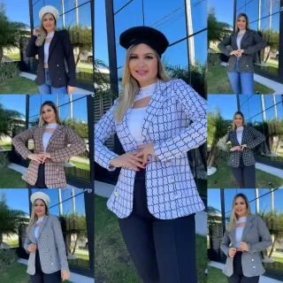 Moda Feminina: Blusa Xadrez e Liso, Blazer Casaquinho Neopreme Terninho - Branco (Xadrez)