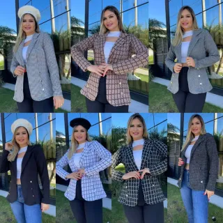 Moda Feminina: Blusa Xadrez e Liso, Blazer Casaquinho Neopreme Terninho - Branco (Xadrez)
