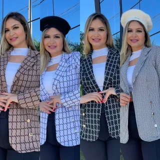 Moda Feminina: Blusa Xadrez e Liso, Blazer Casaquinho Neopreme Terninho - Branco (Xadrez)