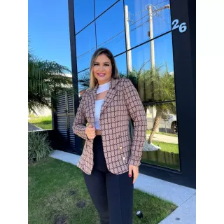 Moda Feminina: Blusa Xadrez e Liso, Blazer Casaquinho Neopreme Terninho - Branco (Xadrez)