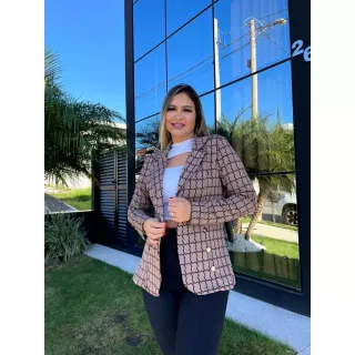 Moda Feminina: Blusa Xadrez e Liso, Blazer Casaquinho Neopreme Terninho - Branco (Xadrez)