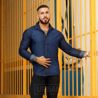 Camisa Slim Fit Social Jeans Manga Longa Masculina