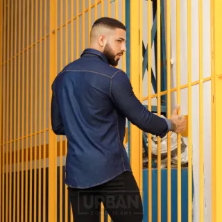 Camisa Slim Fit Social Jeans Manga Longa Masculina - jeans