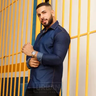 Camisa Slim Fit Social Jeans Manga Longa Masculina - jeans