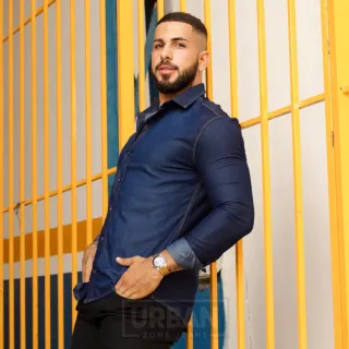Camisa Slim Fit Social Jeans Manga Longa Masculina - jeans
