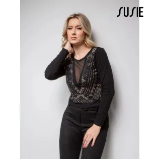 Blusa Tule Manga Longa com Detalhes em Strass - Preto