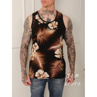 Estampada Praia Camiseta Regata Masculina - Preta com Dourado