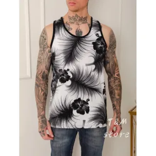 Estampada Praia Camiseta Regata Masculina - Preta com Dourado