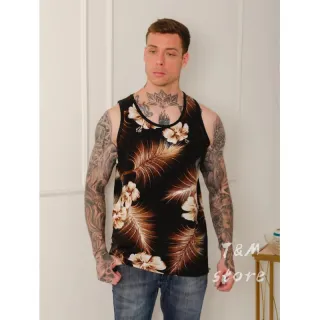 Estampada Praia Camiseta Regata Masculina - Preta com Dourado