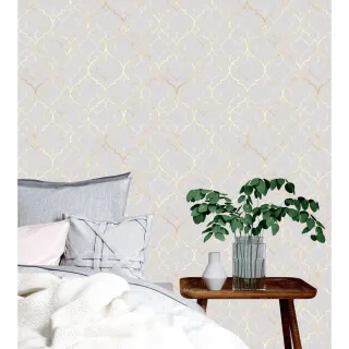 Sala e Quarto: Papel de Parede Adesivo Marrocos Clássico Cinza e Gold - Único