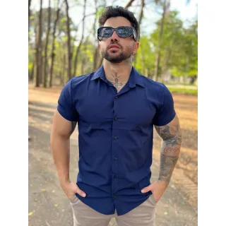Manga Curta Camisa Social Lisa Masculina - Preto
