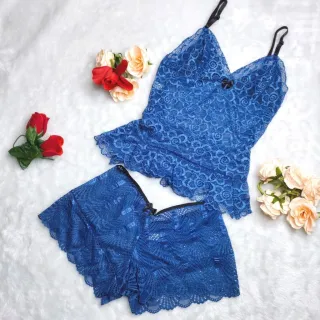 Atacado Baby Doll Feminino de Renda - Pijama Sexy Short Doll - Azul Marinho