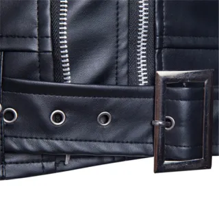 Novos produtos dos homens: jaqueta de couro com design de lapela e zíperes múltiplos - Preto