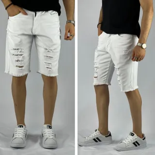 Short Destroyed Jeans Claro Preto Bermuda semLycra - Branco Destroyed