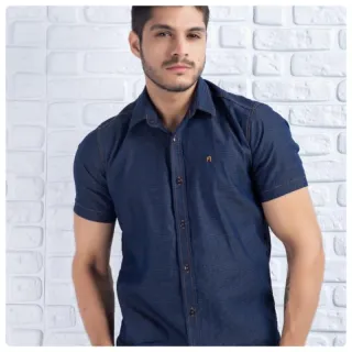 Pronta entrega! Camisa masculina manga curta slim fit jeans com elastano - jeans escura luxo.