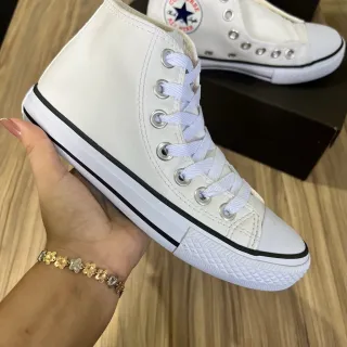 Tênis de Couro Cano Alto Star Preto Branco - Branco Couro