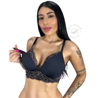 Lingerie Feminino Atacado - Sutiã Amamentação Gestante Conforto Microfibra Renda Bojo Luxo - Preto