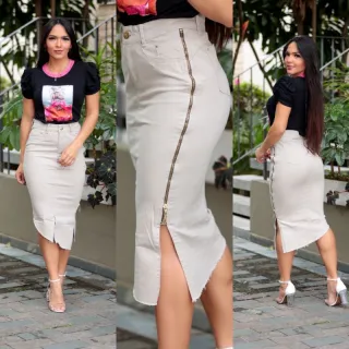 Zíper Lateral Bege Evangélica Saia Midi - Tendência 2022 - JEANS BEGE