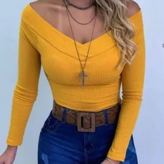 Blusinha Ombro a Ombro Canelada Manga Longa Frio Decote Em V com Bojo - Vinho