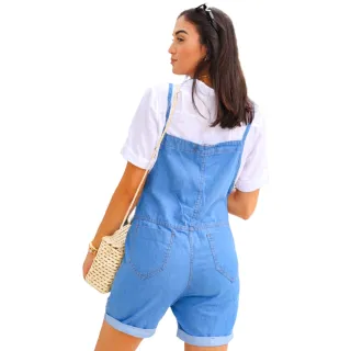 Plus Size Jardineira Jeans Feminina Macaquinho com Botões - Azul