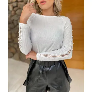 Blusa Feminina Manga Longa Linho Frio com Detalhe de Pérolas - Vinho