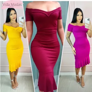 Moda Evangelica: Vestido Mídi com Babado na Barra - Ombro a Ombro - Bordô