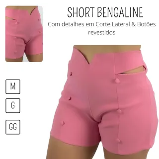 Tendência moda feminina - Short bengaline estilo puro com corte lateral & botões revestidos - Verde Bandeira