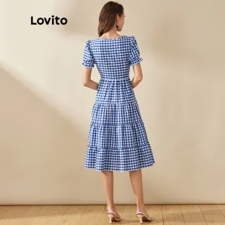 Vestido Plissado Xadrez Casual Midi Azul - Lovito - Azul