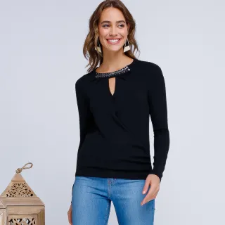 Blusa Lurex Manga Longa com Aplicações em Pedraria na Gola - Vermelho