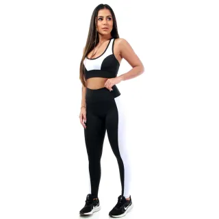 Roupas Femininas Conjunto Fitness Calça Legging e Top para Academia A02 - A02 - Preto / Azul Bic