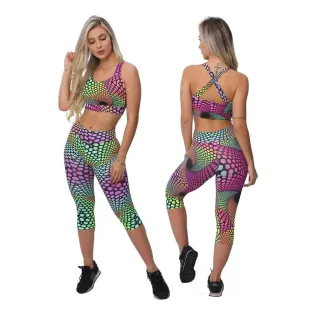 Roupas Fitness Femininas Conjunto Calça Capri Corsário e Top Para Academia A07 - P - 34/36