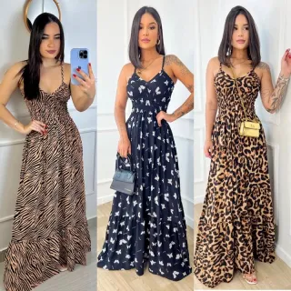 Viscolinho decote V Alcinha Elastex Vestido Longo Tamanho único até 44 - Verde