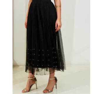 Moda Verão Saia Feminina Forrada de Tule Midi com Brilho - 3RD SD044 - Creme