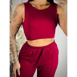 Moda Blogueira - Conjunto Feminino Cropped Regata e Calça Pantalona Flare - Verde Militar