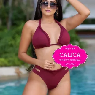 Calcinha Biquíni Hot Pant Cintura Alta Trançado Com Bojo Faixas - Calica moda praia - Rosa Escuro