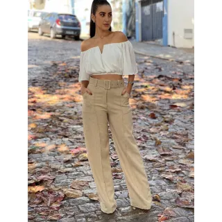 Promoção Calça Feminina Wide Leg Pantalona de Linho Social + Cinto - Bege