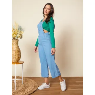 Jardineira Jeans Feminina - Macacão Pantacourt Alça Regular - Escuro