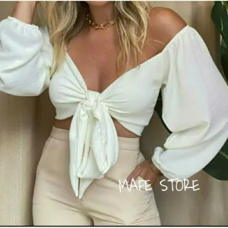 Blusa Manga Longa Cropped Frente / Costa Multiformas Amarrar Elástico Pulso - Preto