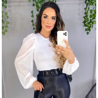Princesa Blusa Manga Longa Transparente Feminina Bufante - Branco