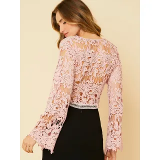 Cropped Feminino Manga Longa Renda Com Forro - Blusa Fler - Branca