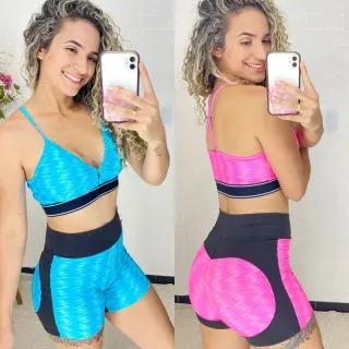 Conjunto Cross fitness empina bumbum - marmorizado rosa neon